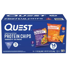 Quest tortilla-style protein chips variety pack, 14 count, blue box with bags