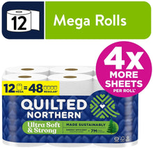 Quilted toilet paper mega rolls, ultra soft & strong 2-ply, 12 mega rolls