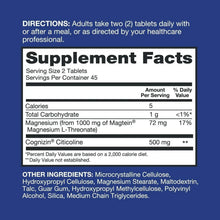 Supplement facts panel for magnesium L-threonate and Cognizin citicoline tablets