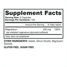 Supplement Facts label showing magnesium 420 mg per 2 capsules
