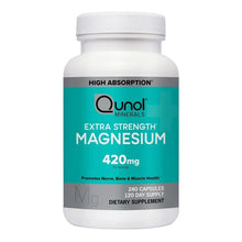 Qunol Extra Strength Magnesium 420 mg supplement bottle with teal label front, 240 capsules