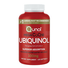 Red Qunol Mega CoQ10 Ubiquinol softgel bottle, white cap, 100 mg, 120 ct
