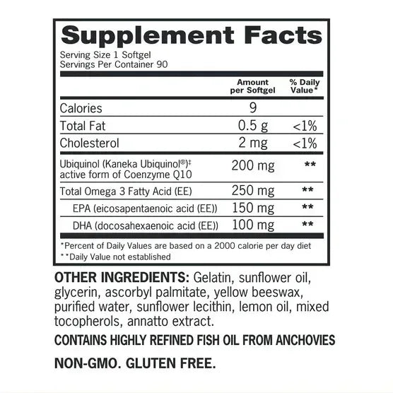 Qunol Plus CoQ10 Ubiquinol 200mg with Omega-3, 90 Softgels
