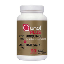 Qunol Plus Ubiquinol CoQ10 omega-3 90 softgels bottle, front label