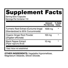 Supplement Facts label: turmeric 1500 mg, ginger 100 mg, black pepper 10 mg