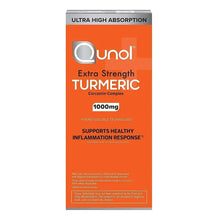 Qunol extra strength turmeric supplement box with 1000 mg label and orange front.
