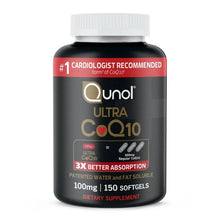 Qunol Ultra CoQ10 100 mg softgels bottle with white screw cap, front label shown.