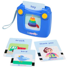 Blue talking flash card reader toy with yellow buttons and wrist strap