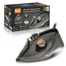 Electric steam iron with dark gray body, non-stick soleplate, and steam control dial