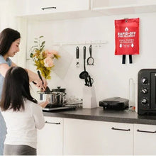 Kitchen wall fire blanket pouch, red cover with pull-tapes and white interior