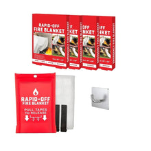 Fire blanket 4-pack in red packaging with four labels and folded white blankets