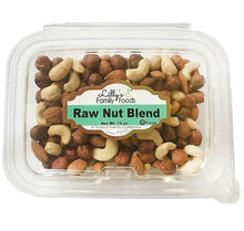 Raw nut blend in clear plastic tub, assorted mixed nuts inside
