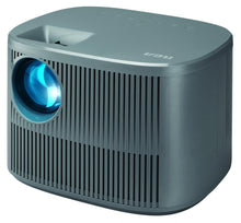 Black projector front with lens and vertical ventilation grille