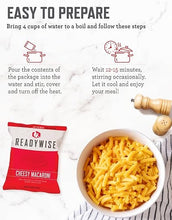 READYWISE cheesy macaroni pouch beside a bowl of prepared macaroni