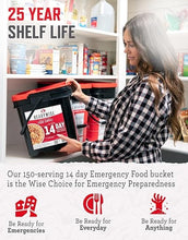 READYWISE emergency food supply bucket with a red lid and 14-day label