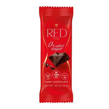 Vegan dark chocolate bar in red wrapper with RED logo and 0% added sugar