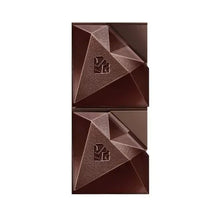 Dark chocolate bars with triangular embossed designs and RED letters