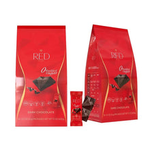 Vegan dark chocolate bars in red foil pouches, with a small wrapped bar