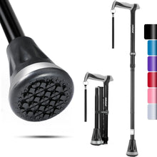 Black foldable walking cane with textured anti-slip tip and folding shaft sections