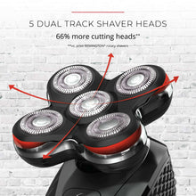 Electric shaver with five dual-track foil heads, red rim accents