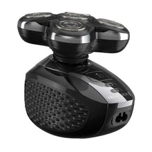 Black electric head shaver with four rotating foil heads and ergonomic grip