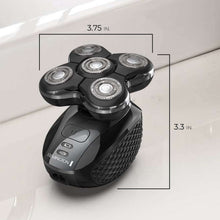 Black electric head shaver with four foil heads and textured grip body