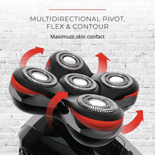 Electric head shaver with pivoting flex design and red trim around the head