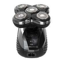 Black electric head shaver with four circular shaving foils and stand base