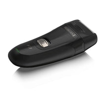Electric foil shaver, black body with power button, angled view