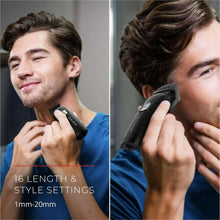 Men's head and body trimmer shaving on jawline with adjustable guard