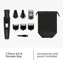 REMINGTON trimmer kit with comb guards, charging cable, and drawstring storage bag