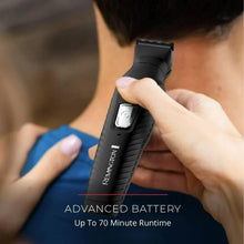 Hand holding black REMINGTON trimmer against neck for grooming