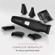 Black REMINGTON all-in-one head and body trimmer with comb attachments and charger