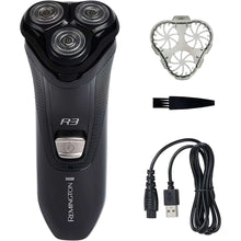 Black men's rotary shaver with three circular shaving heads and textured grip handle