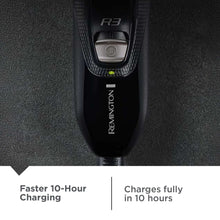 Black rotary shaver front view with power button and R3 marking on handle