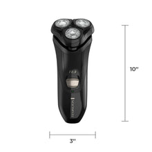 Compact black men's rotary shaver, 3 in wide and 10 in tall