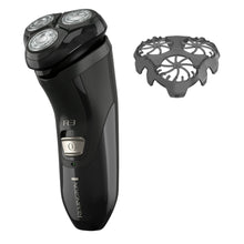 Black rotary shaver with three heads, plus gray protective stubble attachment