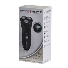 Men's rotary shaver box showing black Remington R3Style device and LED charging icon
