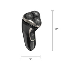 Rotary electric shaver, black and silver, with three shaving heads