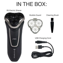 Rotary electric shaver with stubble guard, cleaning brush, and USB charging cord