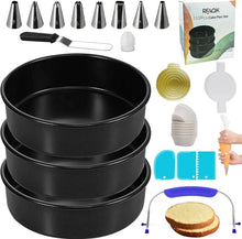 Non-stick round cake pan set with three 8-inch pans and assorted baking accessories