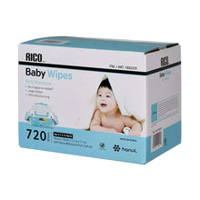 RICO baby wipes cardboard box, 720 count, with infant photo on front