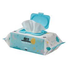 Blue wipes container with baby wipes packet, opened and ready for use