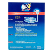 Septic treatment powder package back panel with RID-X branding and directions