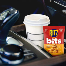 Ritz Bits cheese cracker sandwich snack bag beside coffee cup