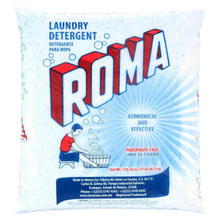 Laundry detergent powder bag with ROMA branding and phosphate-free label