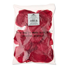 Artificial rose petals in bag, red; recycled plastic note visible