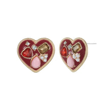 Heart charm earrings: red enamel, pink cabochon, rhinestones, gold-tone backs