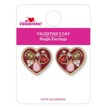 Heart charm earrings shown on valentines day card: red enamel, pink cabochon, rhinestones