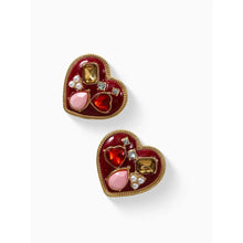 Pair of heart charm earrings: red and gold-tone hearts with pink cabochon and rhinestones